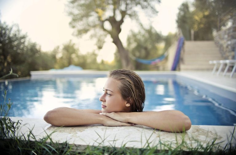 woman, blonde, young, the person, nature, nice, swimming pool, pool, the water, reflections, trees, out, the nature, grass